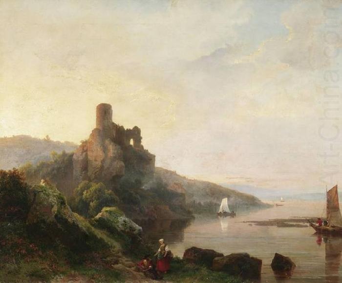 Romantic Rhine landscape with ruin at sunset. Painting, Pieter Lodewyk Kuhnen